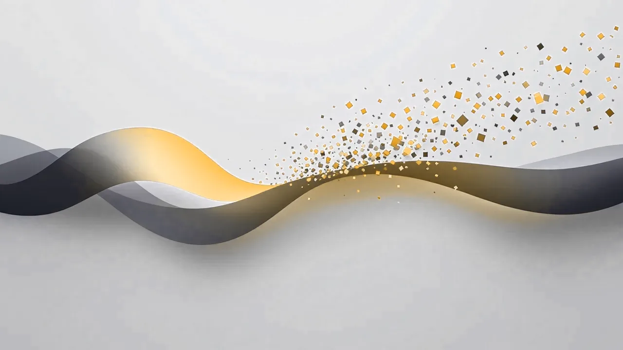 A single long horizontal ribbon unspooling across the frame and breaking apart into thirty small suspended rectangles that drift outward in a loose grid, one of them amber.