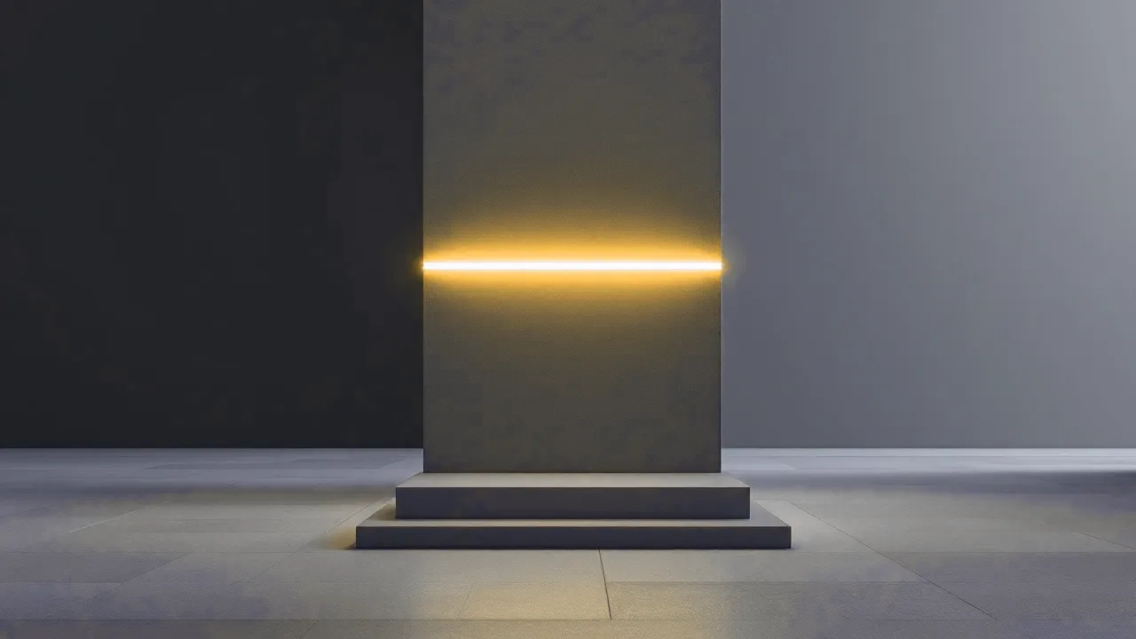 A tall vertical slab standing on a matte floor, a thin glowing amber band crossing exactly its middle third, faint horizontal grooves resting lower down.