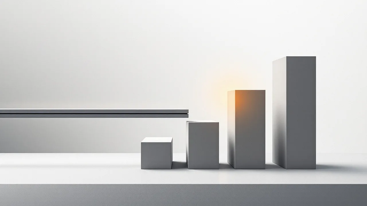 One long thin bar on the left splitting into a staggered row of short upright slabs of different heights, one slab glowing amber.