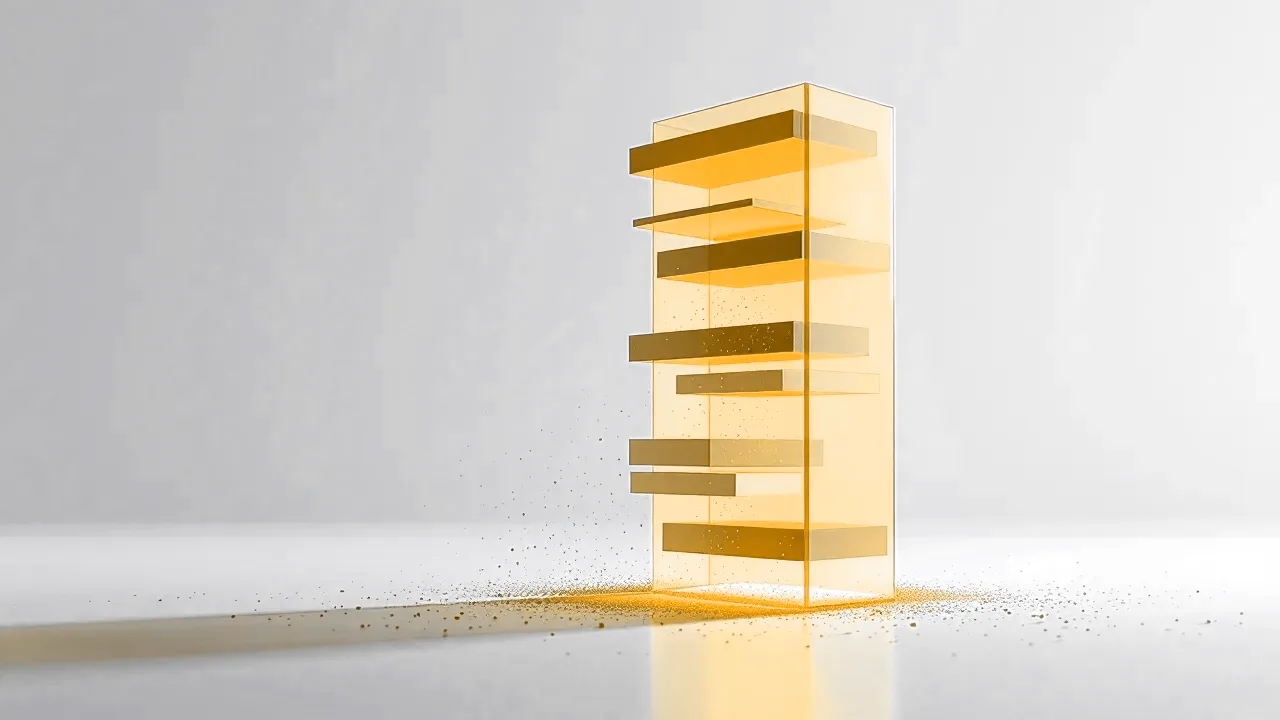 A tall vertical slab separated into thin translucent layers floating apart like an exploded model, the top layer glowing amber, fine particles drifting between the layers.