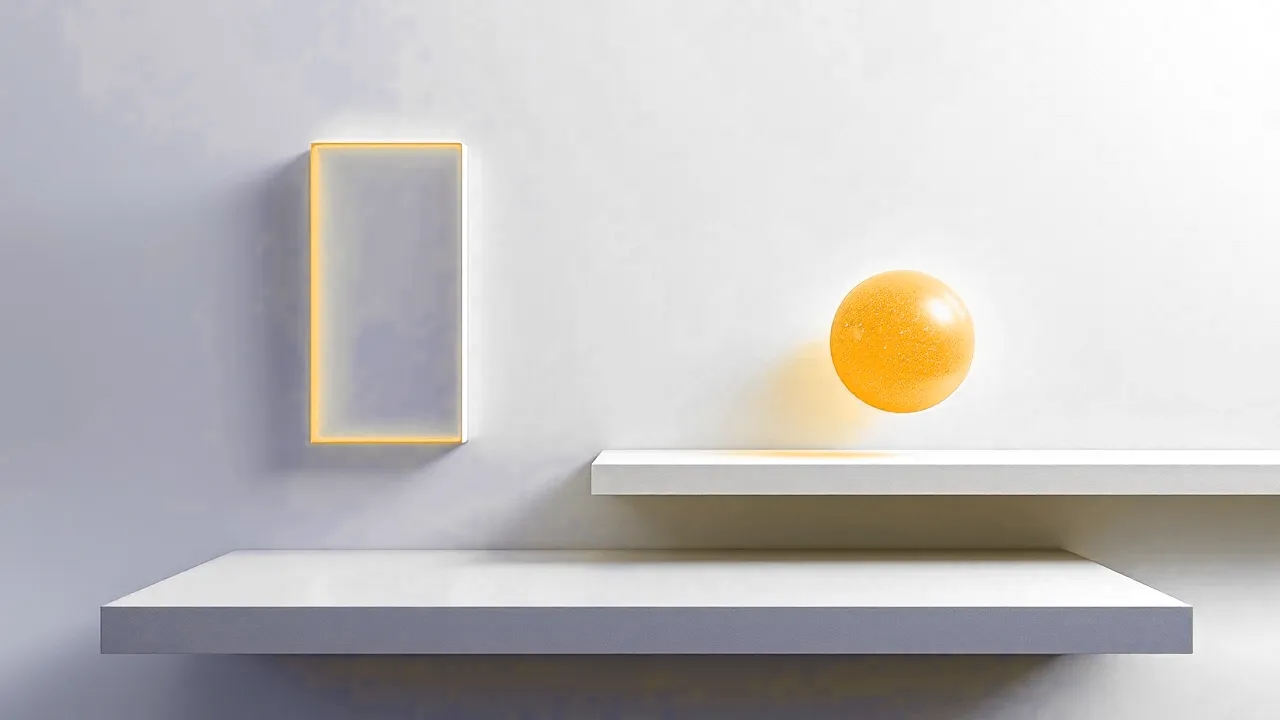 A wide horizontal rectangular frame with a narrower vertical frame sliding across it, the vertical frame closely following a soft glowing amber sphere drifting sideways.