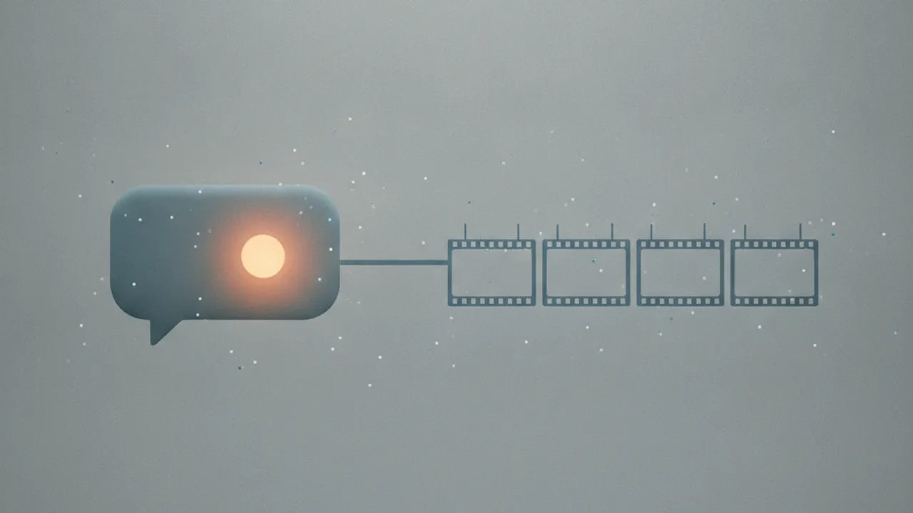 A grey speech bubble with a glowing amber dot is joined by a thin line to a row of four empty filmstrip frames.
