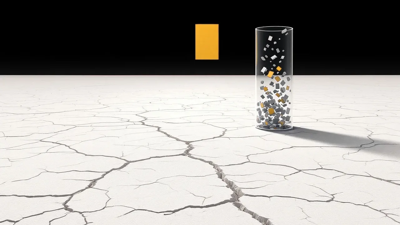 A dry cracked empty plane stretching into the distance, beside it a tall transparent cylinder filled with small floating rectangles, one amber rectangle rising to the top.