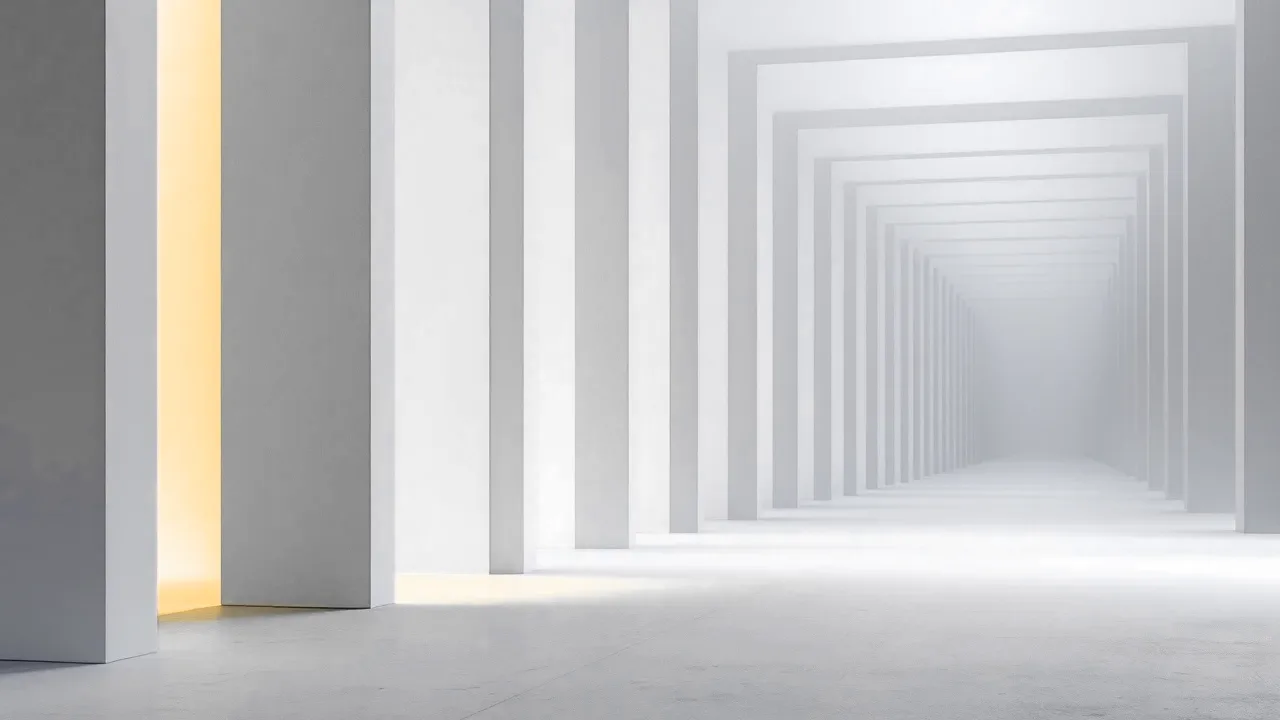 A long row of identical thin vertical panels receding in perspective at perfectly even intervals, like a steady rhythm, with the nearest panel lit in amber.