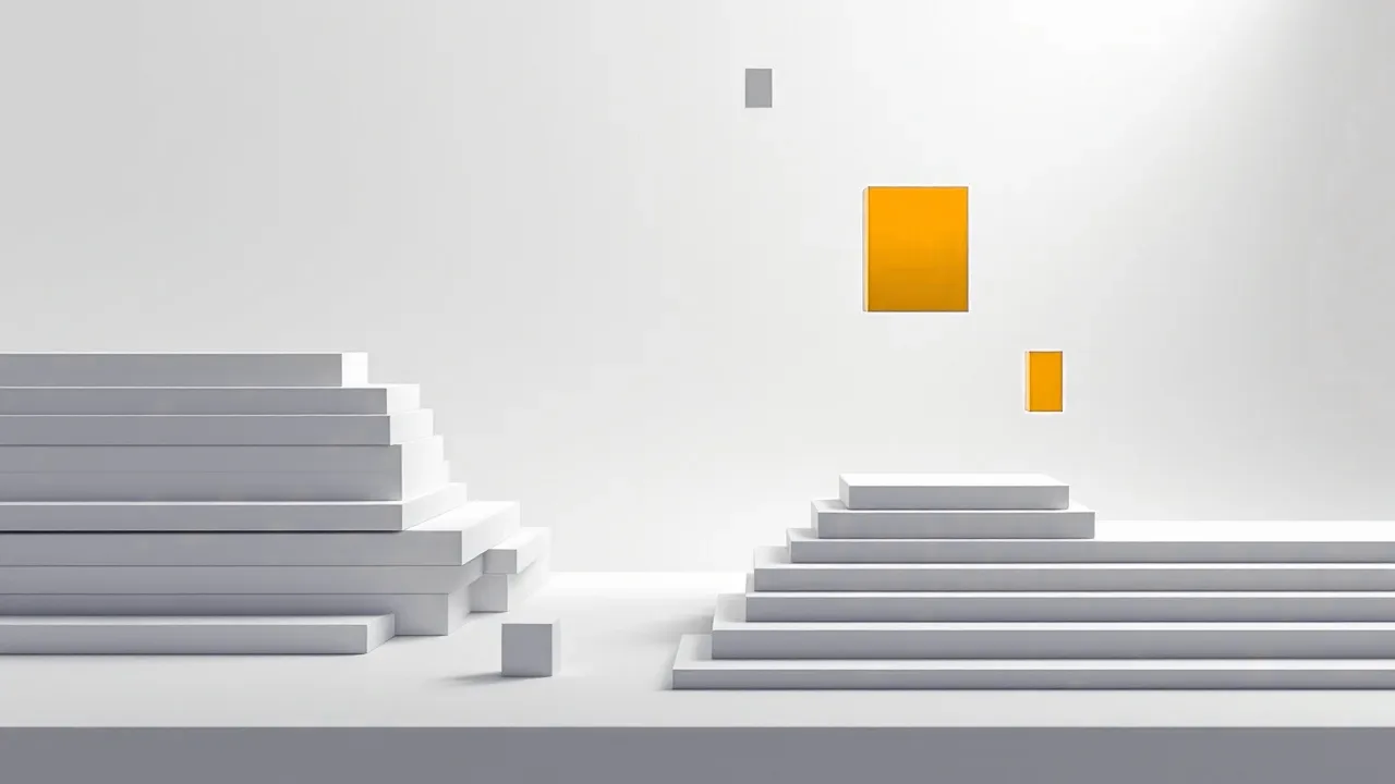 Many thin horizontal bars stacked in neat rows, a few bars lifting off the stack and turning into short vertical rectangles in midair, one rectangle amber.