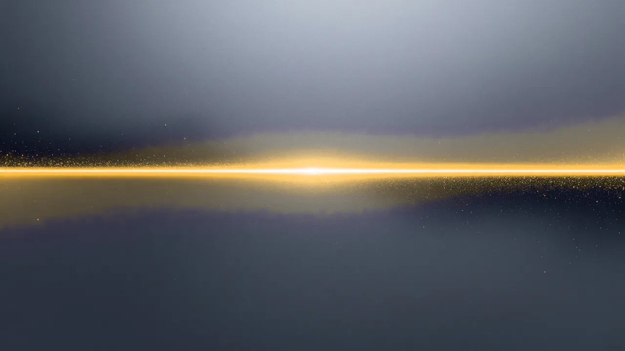A long horizontal beam whose first short segment glows bright amber while the rest fades into cool grey haze, a thin curved arc rising from the lit start.