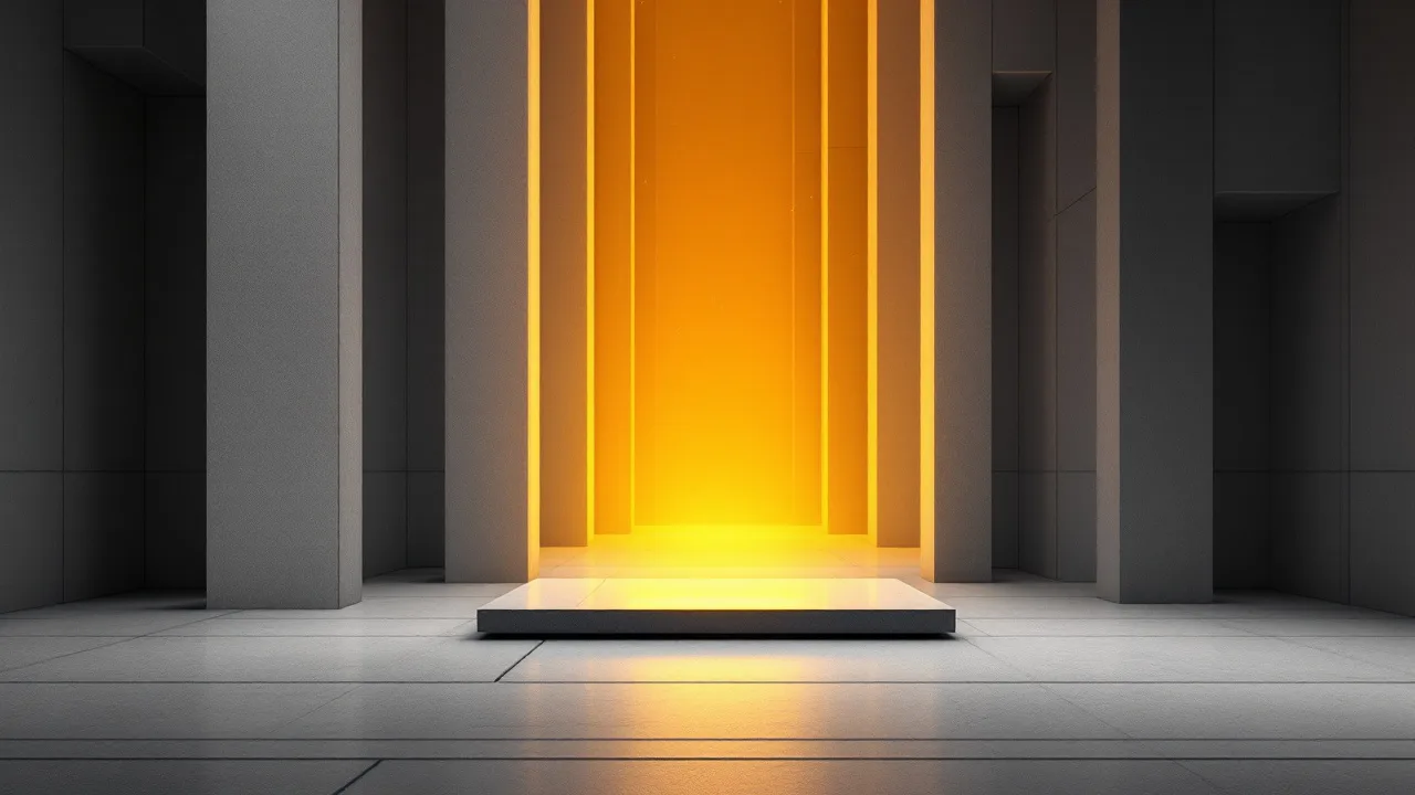 A grid of cool grey panels recedes into darkness, each scored with fine lines, while one central slab glows amber as the sole illuminated focus.