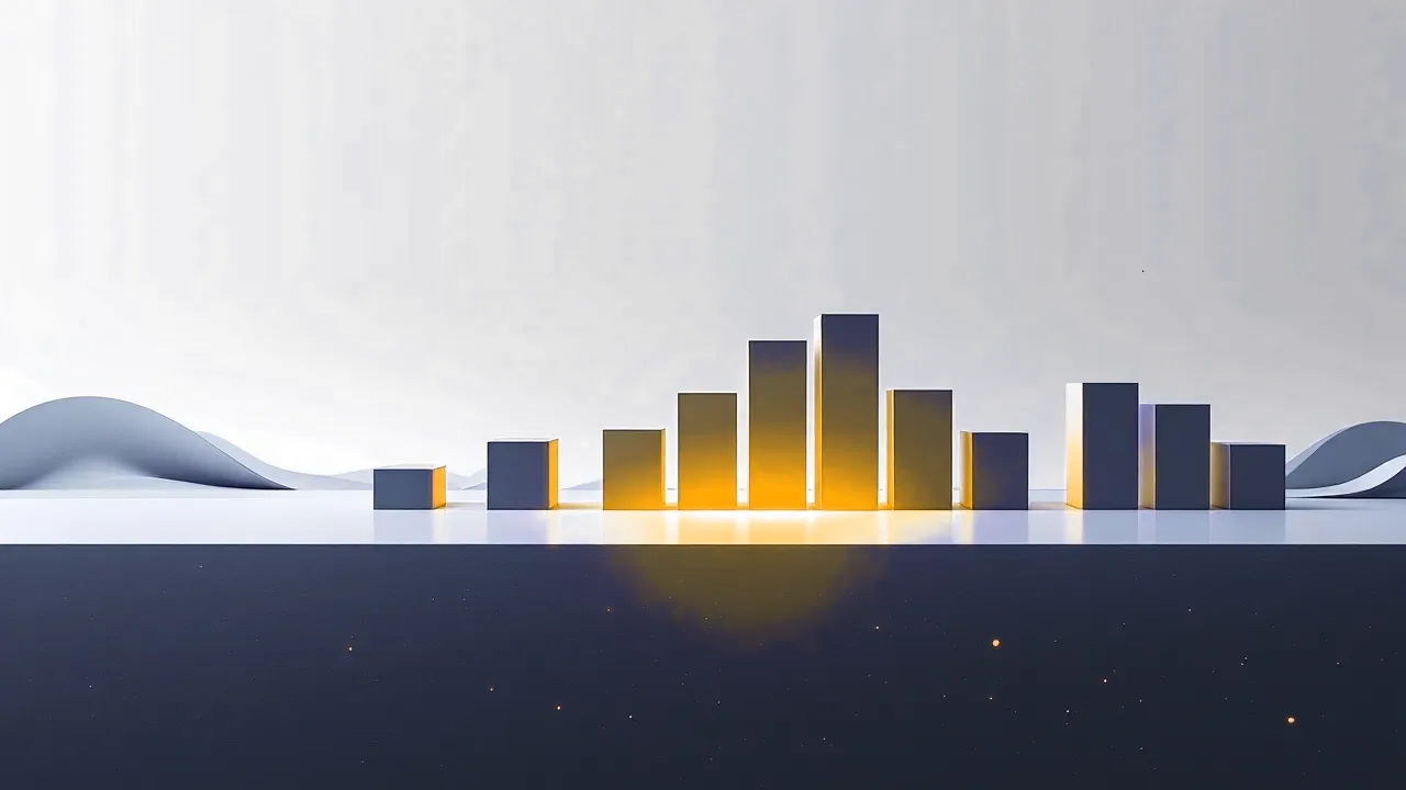 A long flowing sound wave stretched low across a matte plane and cut into a neat row of short vertical slabs of different heights, one slab glowing amber.
