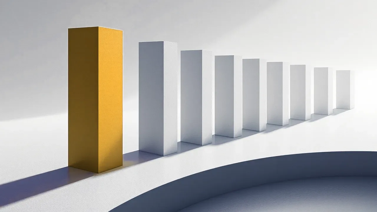A row of tall vertical slabs spaced evenly along a gently curving path, each casting a long soft shadow, the slab at the front of the row amber.
