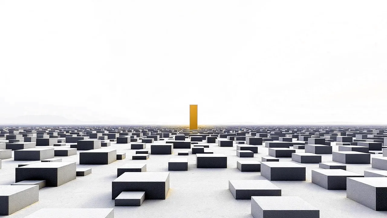 A wide field of small low grey blocks stretching toward the horizon, with one single block rising far above all the others as a tall amber column.