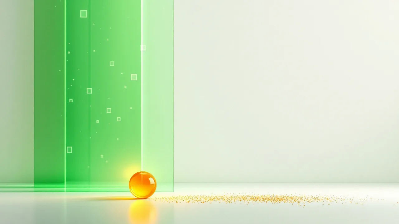 A tall translucent green panel dissolving along one edge into floating small squares, with a single amber sphere resting where the panel turns transparent.