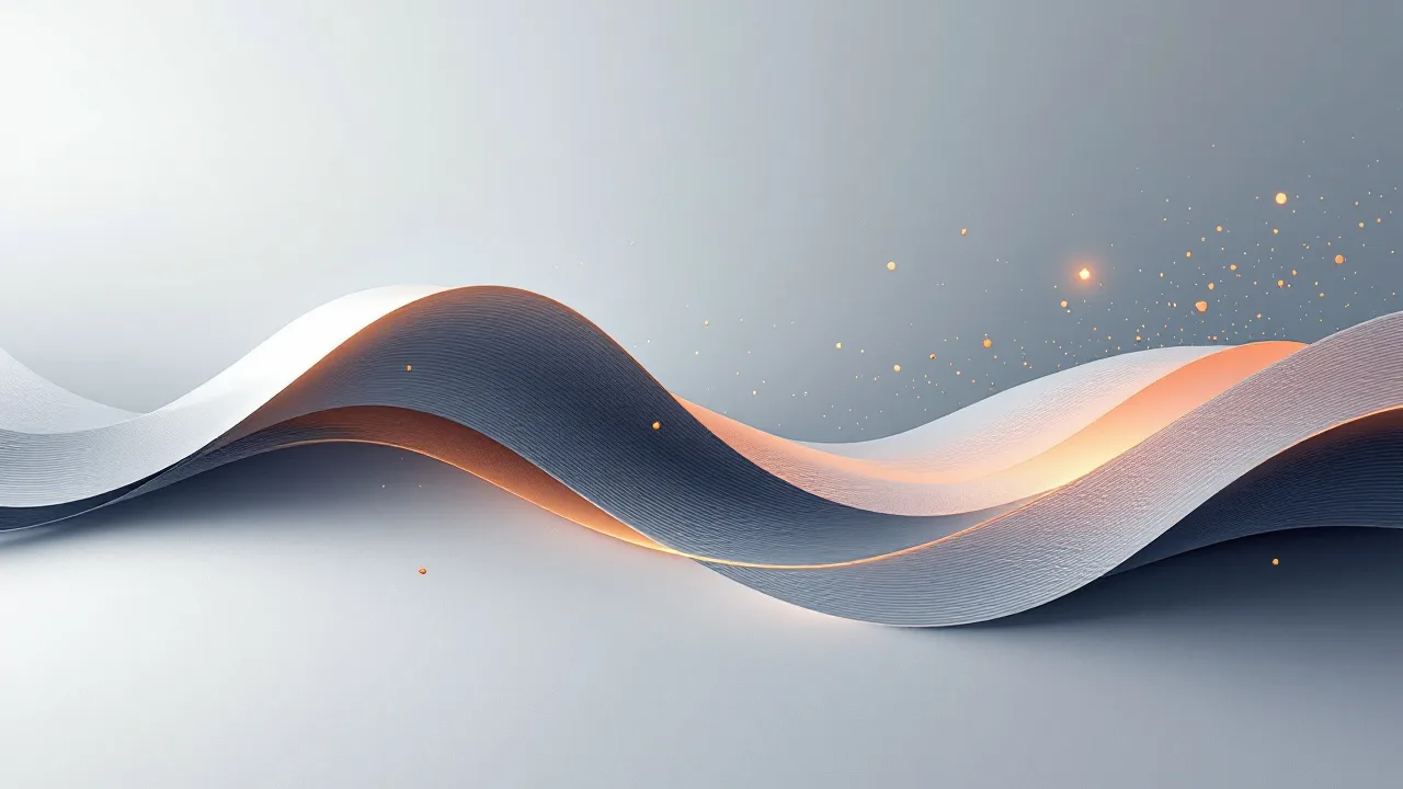 Two interleaved paper-like ribbons forming a soft wave, one ribbon lit along its edge in amber while fine particles drift above it.