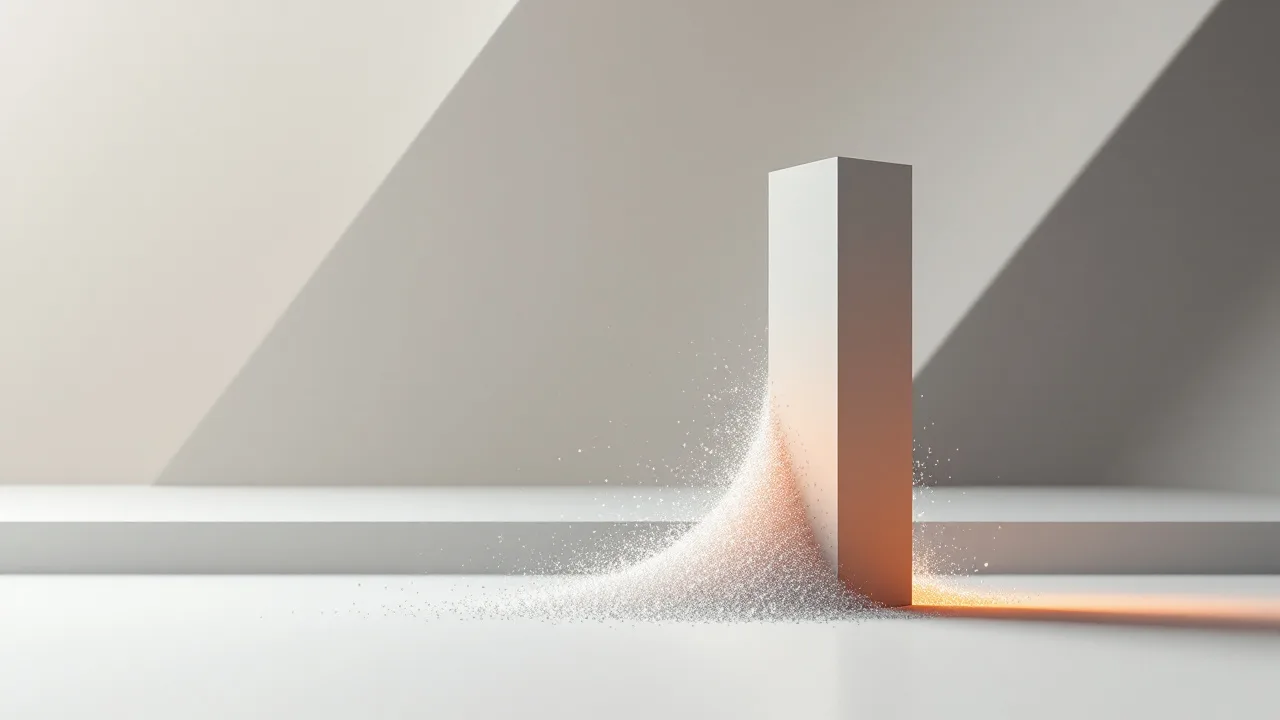 A single tall rectangular slab shown in ghosted positions fanning around a corner of a pale plane, the final upright position lit with an amber edge.
