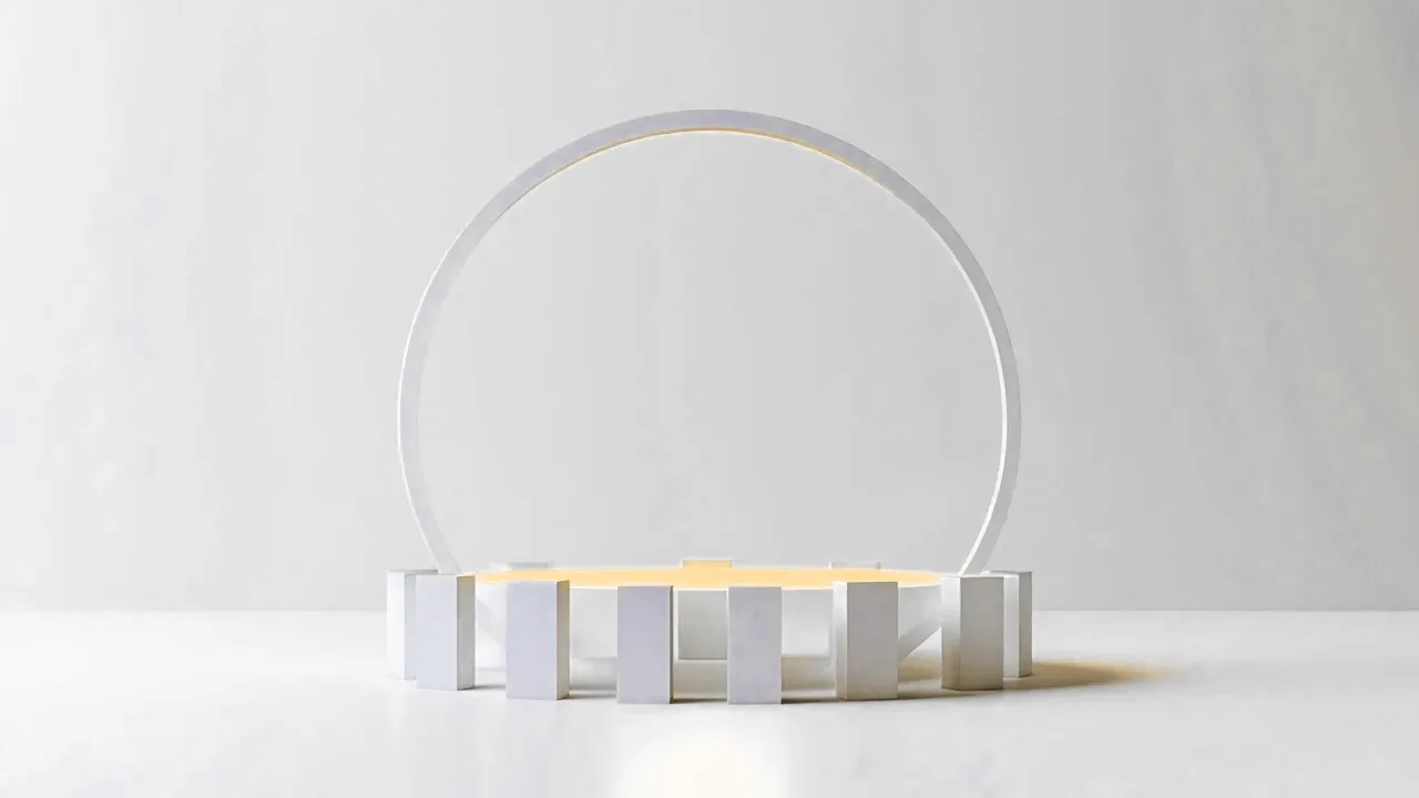 A large thin circular arc floating upright, with seven small vertical tiles resting evenly along its lower rim, the last tile glowing amber, soft light from above.