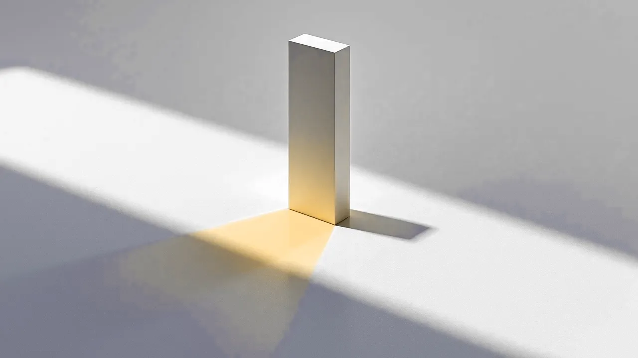 One tall vertical slab on a matte floor casting three identical soft shadows that fan out in three different directions, a thin amber edge along the slab.