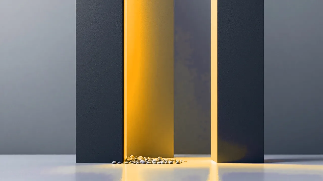Three tall vertical slabs standing side by side, the first split cleanly into two halves, the second stacked with small rounded pebbles, a amber sliver inside the split.