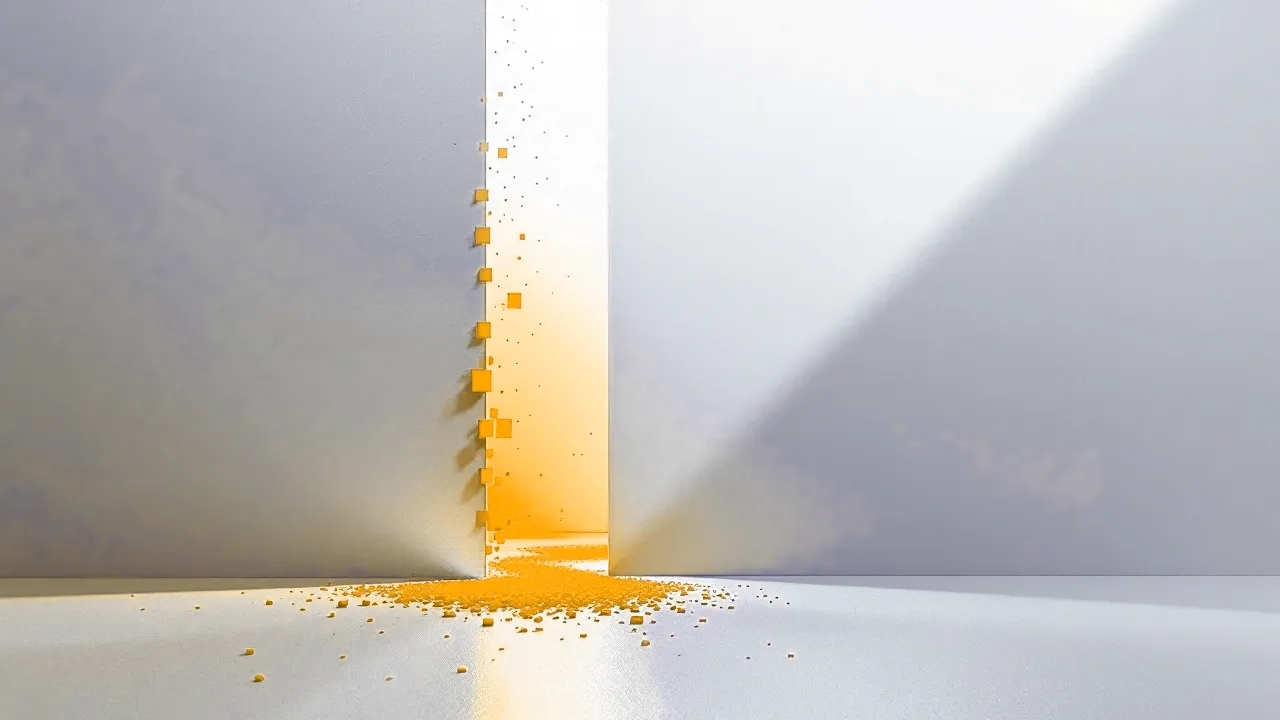 A wide flat panel tilted gently backwards, its surface peeling away into a line of small vertical tiles floating forward toward the viewer, the nearest tile amber.