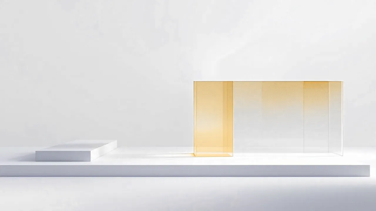 A long horizontal strip of pale grey translucent panels entering a floating glass prism and leaving it as a neat column of vertical panels, one of them amber.