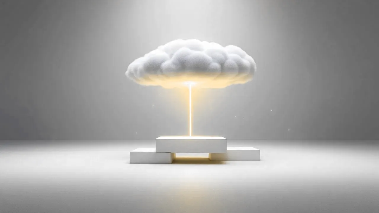 A soft rounded cloud-like plane hovering above three floating rectangles in an empty room, a thin glowing amber thread descending from the cloud and tilting the middle rectangle.