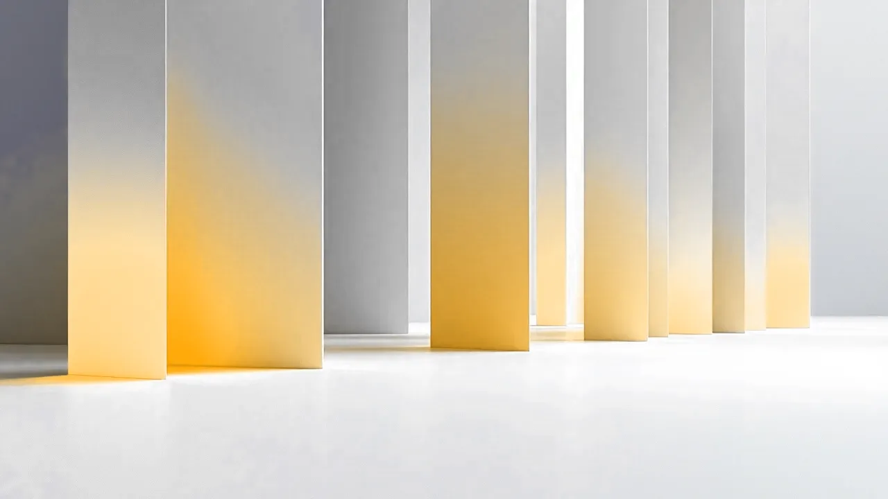 A long wide horizontal sheet folded like an accordion into a row of narrow vertical panels standing upright, soft light between the folds, one fold amber.