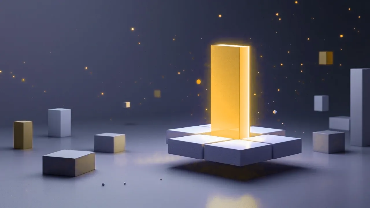 A floating grid of nine small square tiles, one tile lifting forward out of the grid and stretching into a tall vertical slab that glows amber.